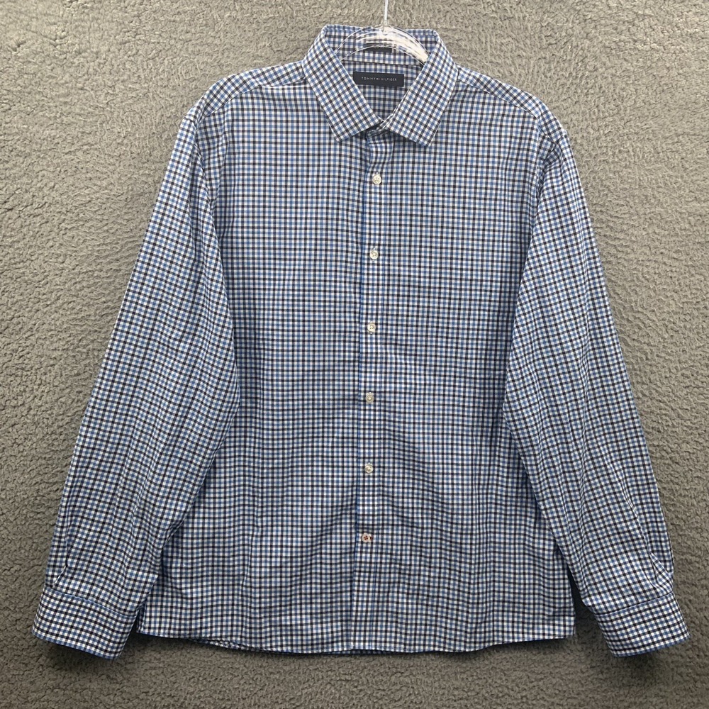 Tommy Hilfiger Shirt Mens Large Blue White Gingham Check  Long Sleeve Button Up